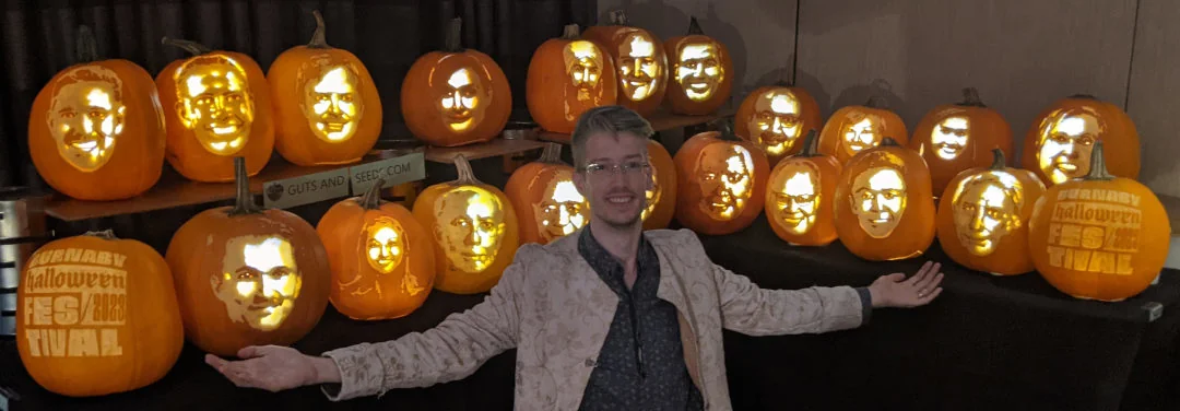 Jeremy Burghall presenting 20+ pumpkin portraits at the Burnaby Halloween Festival launch event