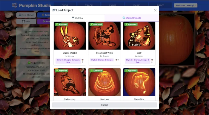 Pumpkin Studio stencil library showing featured stencils