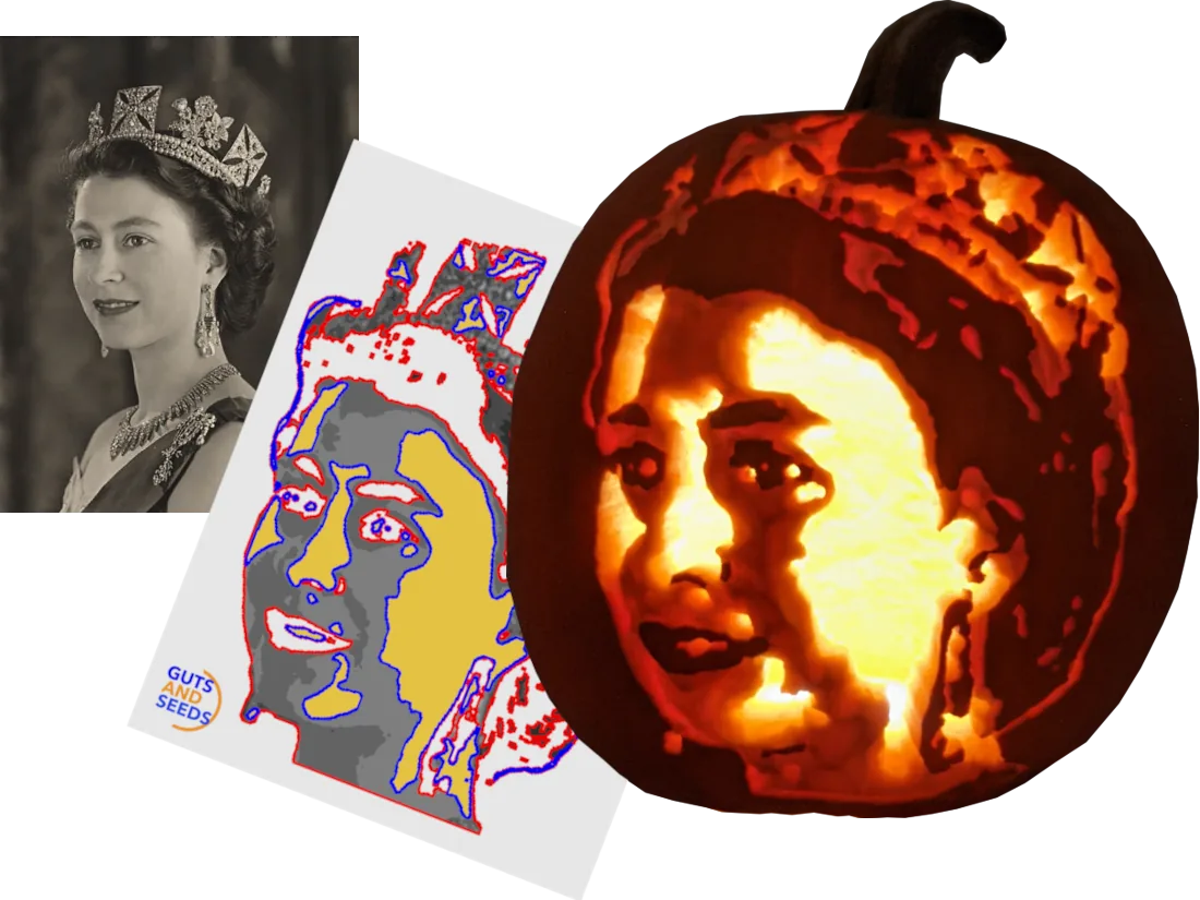 Three stages: original photo, Pumpkin Studio stencil, and finished carved pumpkin