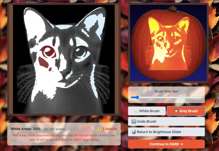 Pumpkin Studio island detection — problem areas highlighted in red