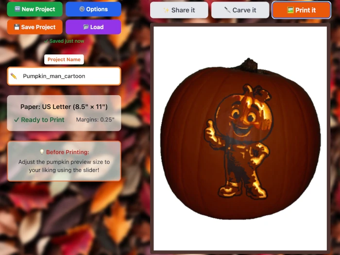 Pumpkin Studio app preview showing a 3D cartoon character pumpkin carving