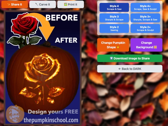 Pumpkin Studio app preview showing a rose pumpkin carving