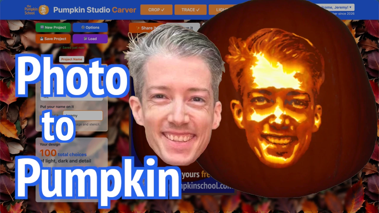 A photo beside the pumpkin carved from it using Pumpkin Studio