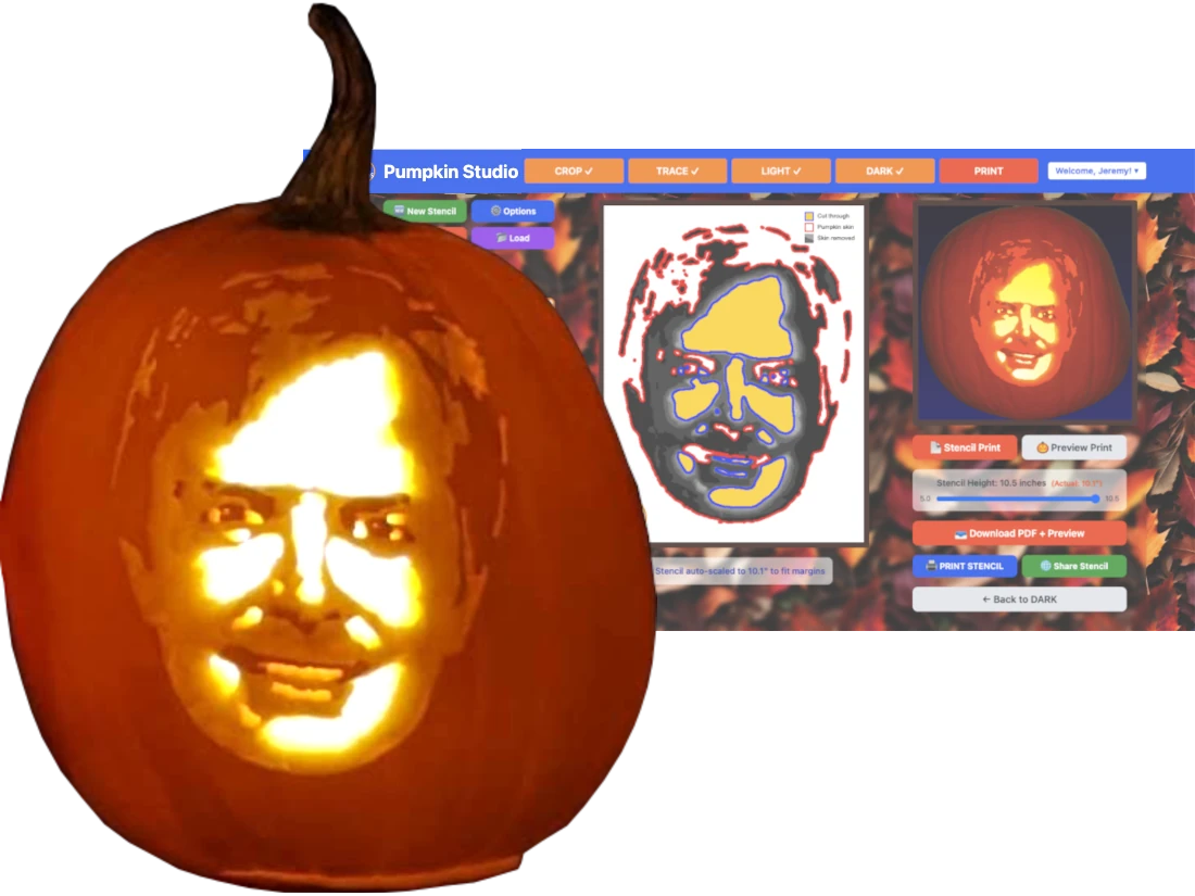 Michael J. Fox portrait pumpkin carved using a Pumpkin Studio stencil